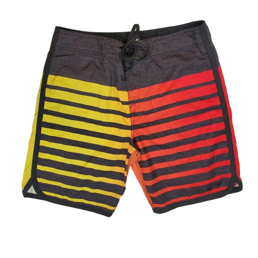 Oakley Tiger-Stripe Swim Trunks Board Shorts Mens 30 Grey Yellow Red Unlined